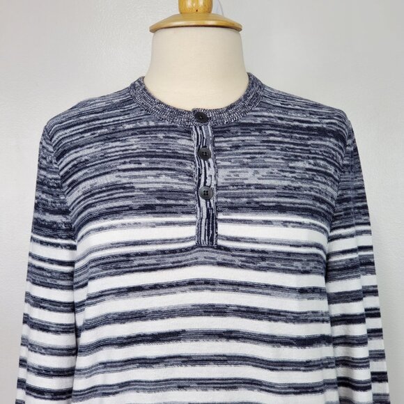 Express Black Gray White Striped Preppy Partial Button Front Sweater Top Size M - Picture 2 of 13